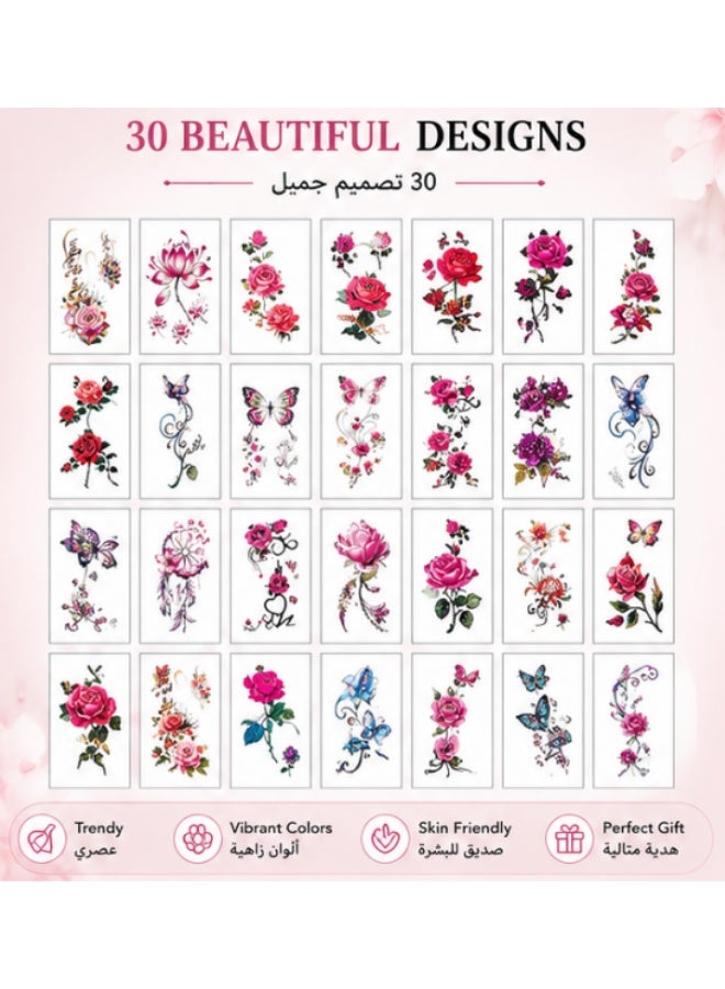 30 Sheets Floral Butterfly Temporary Tattoo Stickers, Waterproof Long Lasting Non-Toxic Flower Fake Tattoos for Women Girls Body Art - Image 3