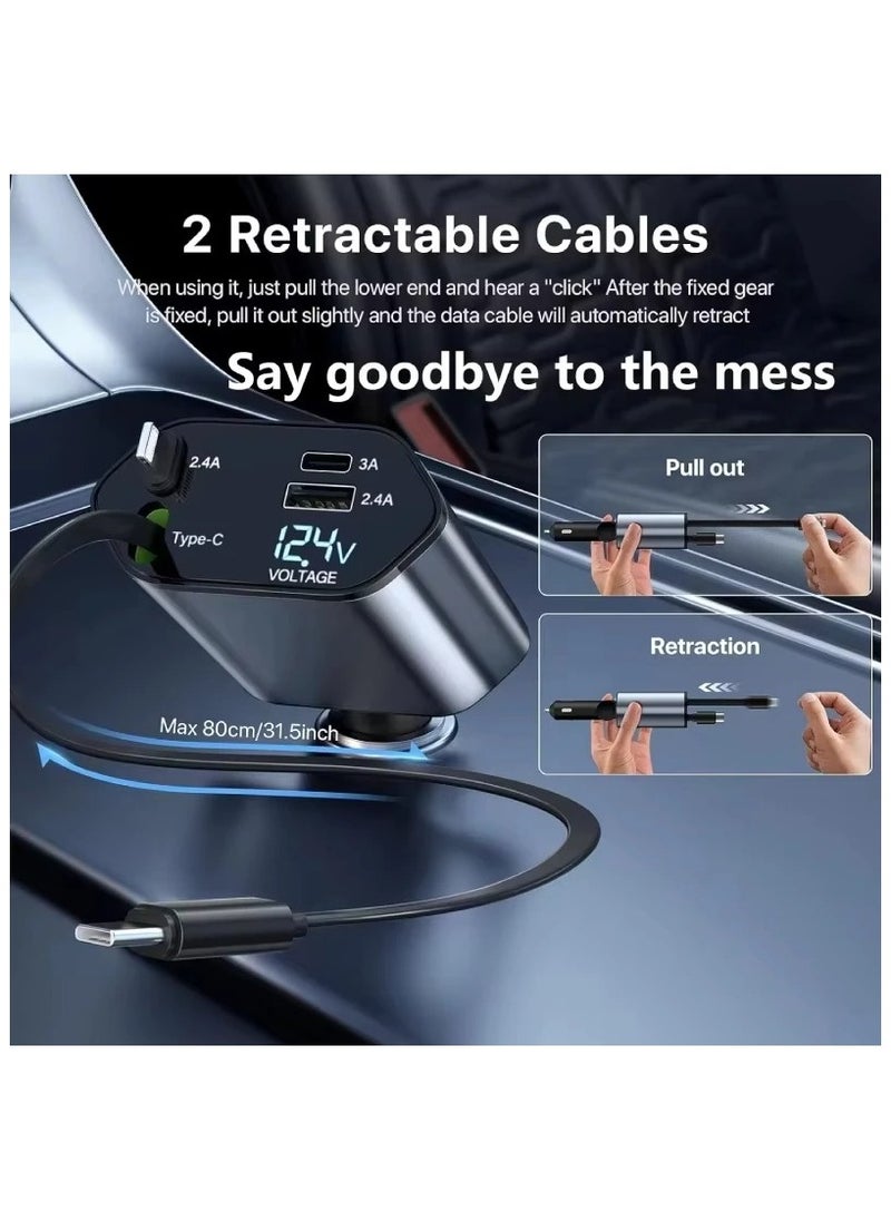 ELTRAZONE - Car Charger 66W Retractable, 4-in-1 Fast Car Phone Charger with Retractable Cables & USB, Compatible with iPhone 15/14/13/12/11, Galaxy (1 Lightning, 1 Type-C) - Image 1