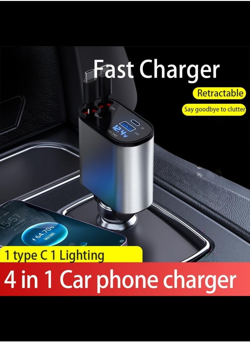 ELTRAZONE - Car Charger 66W Retractable, 4-in-1 Fast Car Phone Charger with Retractable Cables & USB, Compatible with iPhone 15/14/13/12/11, Galaxy (1 Lightning, 1 Type-C) - Image 1