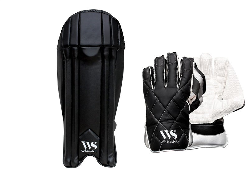 WHITEDOT Sports Albatross Leather Cricket Wicket Keeping Pad with Wicket Keeping Gloves, Black, Suitable for Youth (Medium) - Image 1