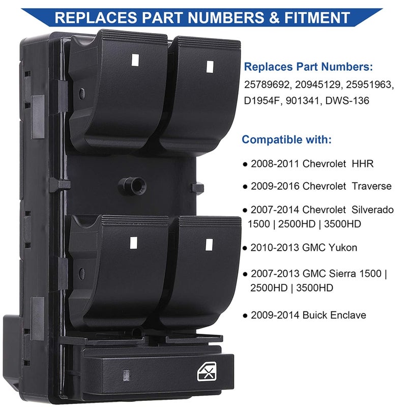 AiYiGu Driver Side Power Window Switch & 3 Pcs Passenger Window Switches, Compatible with 07-13 Chevy Silverado/GMC Sierra 1500 2500HD 3500HD/10-13 Yukon/09-16 Chevrolet Traverse/08-11 HHR - Image 2