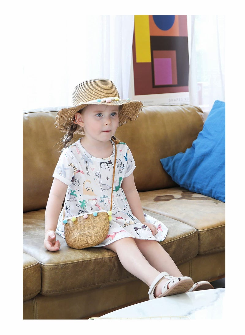 Excefore Straw Summer Hat Kids Girls Wide Brim Beach Sun Hat Straw Woven Bag Outfit Set 2 Pcs - Image 2