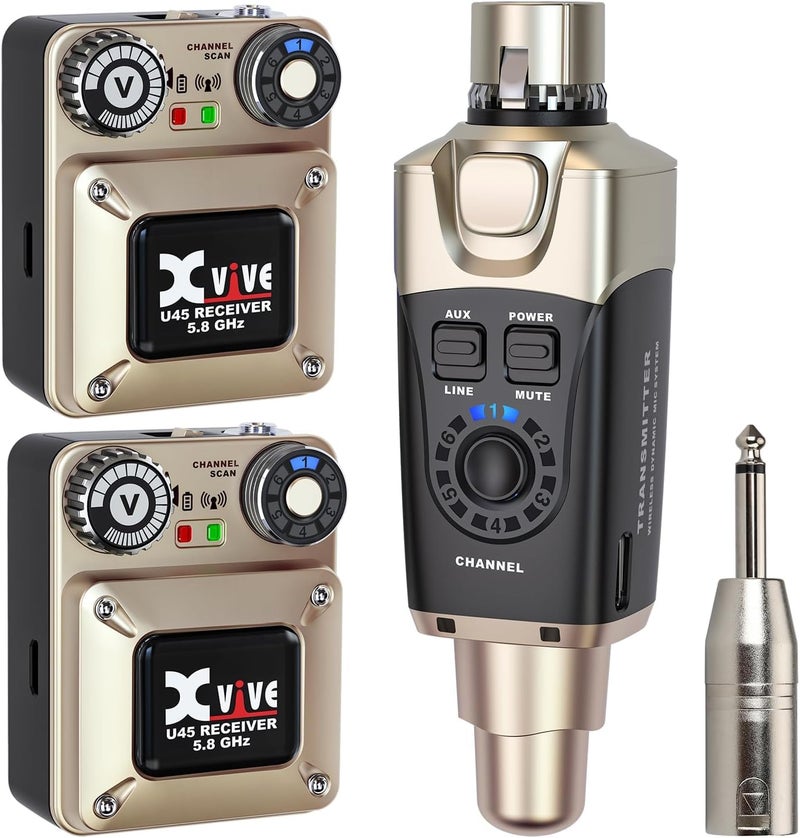 Xvive U45R2 Wireless in Ear Monitor System 5.8ghz IEM System 1 Transmitter and 2 Bodypack Receiver for Studio, Band Rehearsal, Live Performance, Channel Scan Mode - Image 1