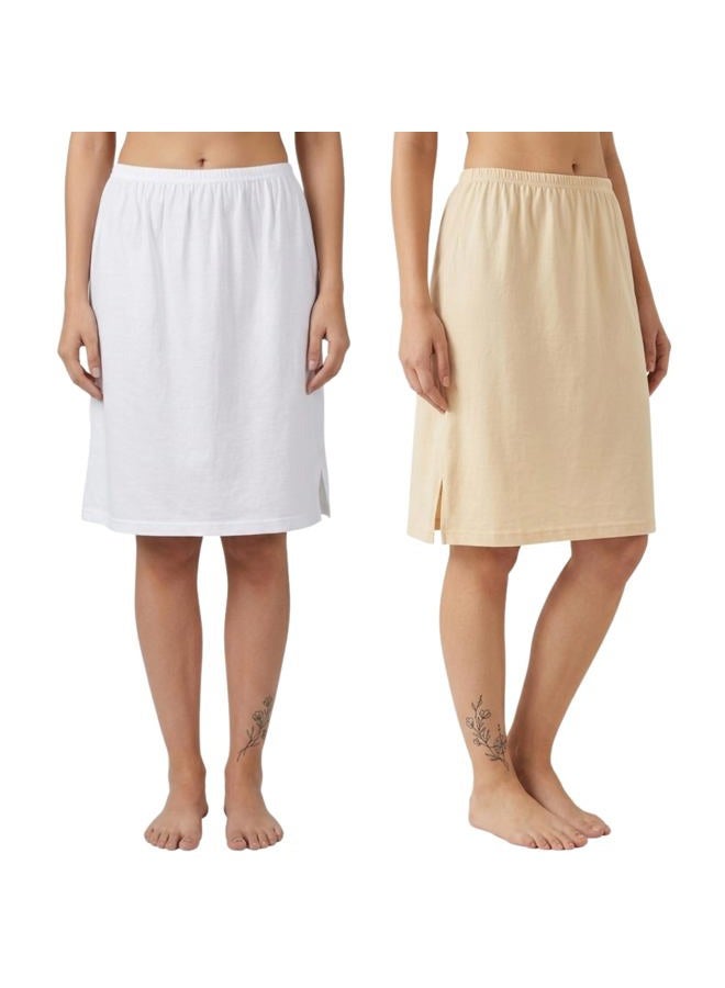 Aimly Women's Cotton Knee Length Skirt - White & Beige (Pack of 2) - Image 1