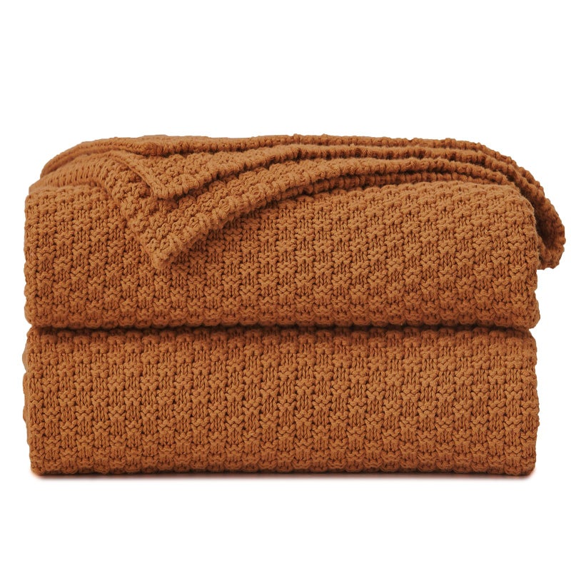 Longhui bedding Burnt Orange Knitted Throw Blanket for Couch Soft Cozy Machine Washable 100 Cotton Sofa Knit Blankets Heavy 30lb Weight 51 x 63 Inches Laundry Bag Included
