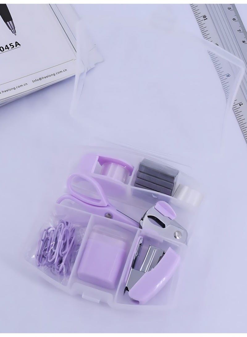 الآلة الصغيرة مجموعة أدوات مكتبية محمولة باللون الأرجواني تتكون من مقص، وموزع شريط لاصق، وثقب ورق، ومبراة أقلام رصاص، ودباسة صغيرة، مناسبة للاستخدام في المدرسة والمنزل والمكتب. - Image 1