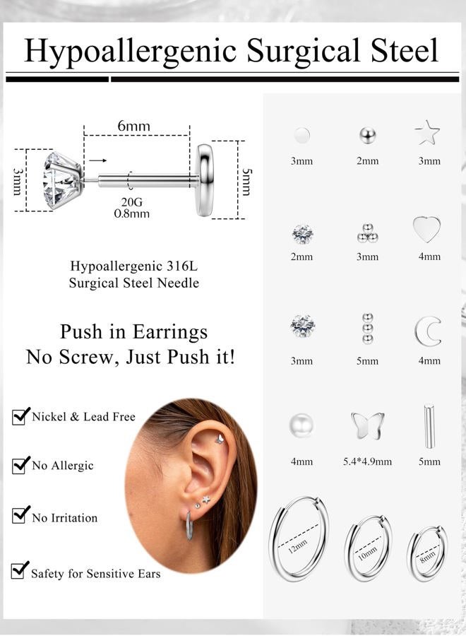 ORAZIO Small Flat Back Earrings,Push in Stud Earrings for Women Men,Hypoallergenic 14K Gold Plated Surgical Stainless Steel Threadless Earring,Flatback Stud Hoop Cartilage Earring Set for Multiple - Image 2