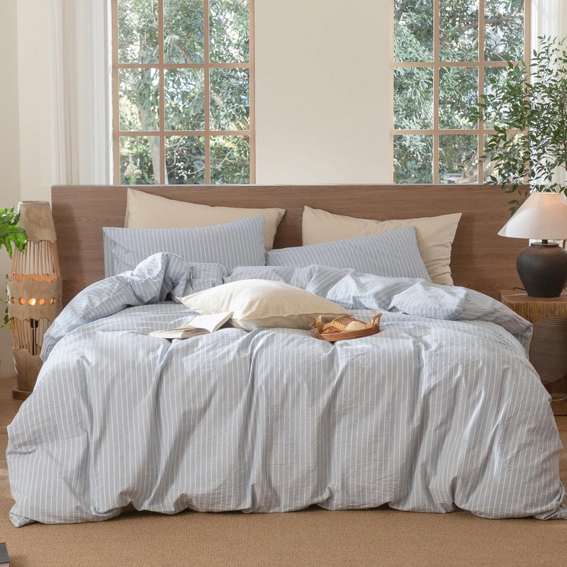 MooMee Striped Duvet Cover Set 100 Washed Cotton Linen Like Textured Breathable Durable Soft Comfy Cornflower Blue White Wide Stripes Queen 90x90