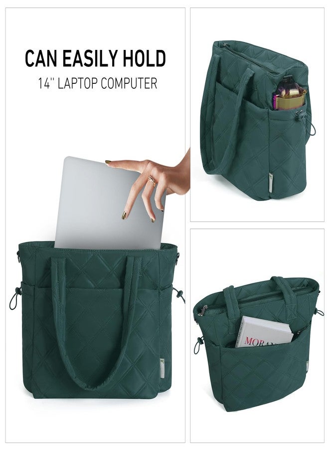 Rueesh Lightweight Puffer Tote Bag with Zipper for Women, Quilted Shoulder Bag with Compartments for Travel, Work, Shopping, Dark Green - Image 2