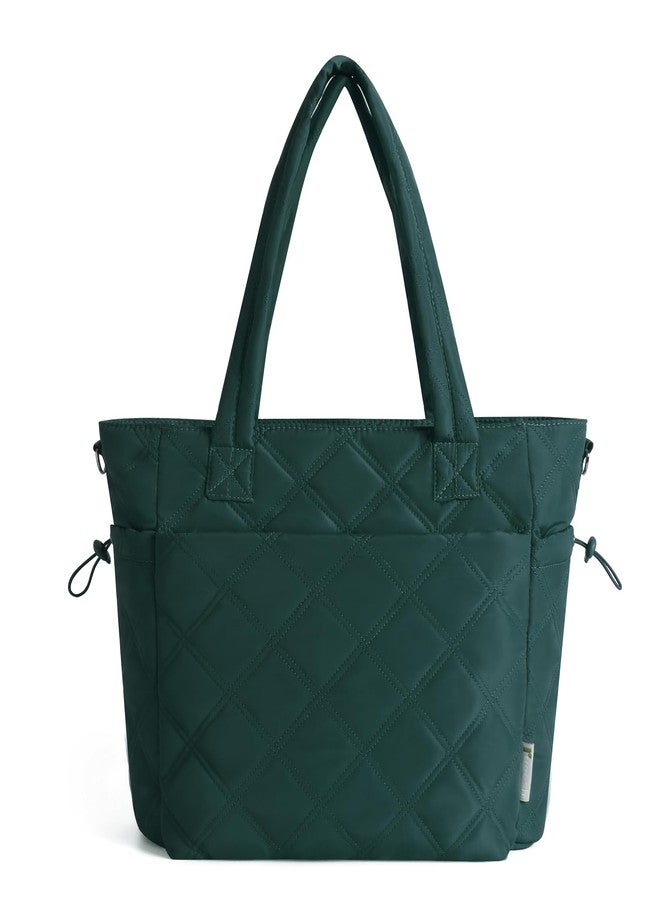Rueesh Lightweight Puffer Tote Bag with Zipper for Women, Quilted Shoulder Bag with Compartments for Travel, Work, Shopping, Dark Green - Image 4