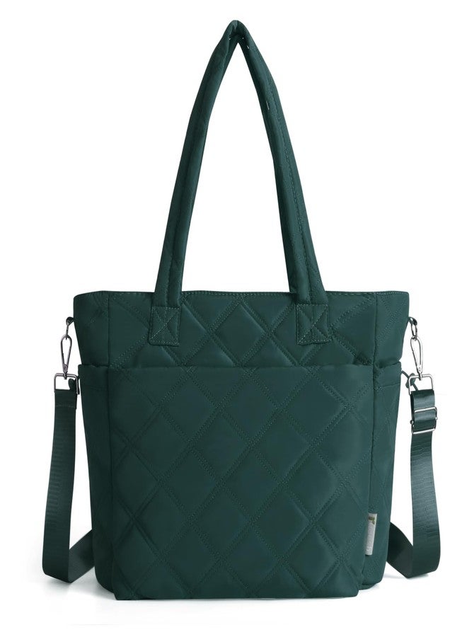 Rueesh Lightweight Puffer Tote Bag with Zipper for Women, Quilted Shoulder Bag with Compartments for Travel, Work, Shopping, Dark Green - Image 1