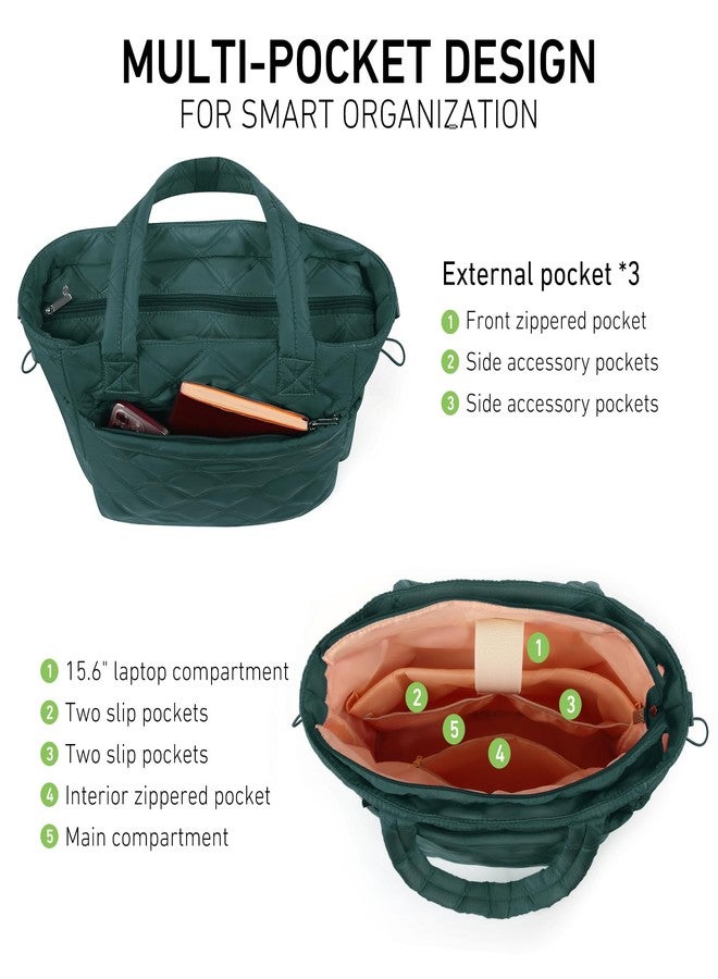 Rueesh Lightweight Puffer Tote Bag with Zipper for Women, Quilted Shoulder Bag with Compartments for Travel, Work, Shopping, Dark Green - Image 5