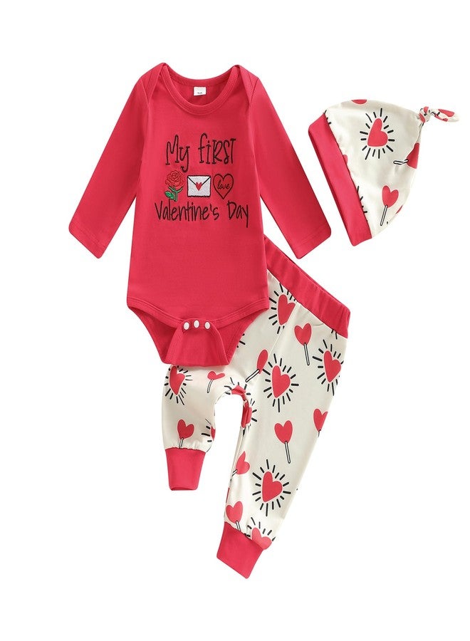 wybzd Baby Boy Girls Valentine Day Outfits Infant Long Sleeve Romper Heart Candy Pants My First Valentines Day Outfit 3pcs (Red, Newborn) - Image 1