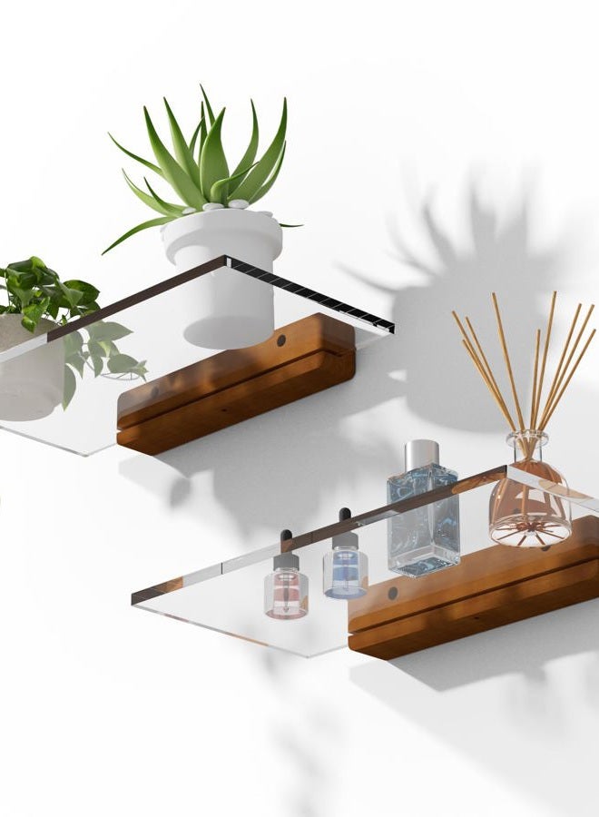 QsQueen Acrylic Floating Shelves with Solid Wood Base, Wall Mounted Shelf for Plants, Perfume, Nail Polish, Bathroom, Bedroom & Living Room Décor - Image 1
