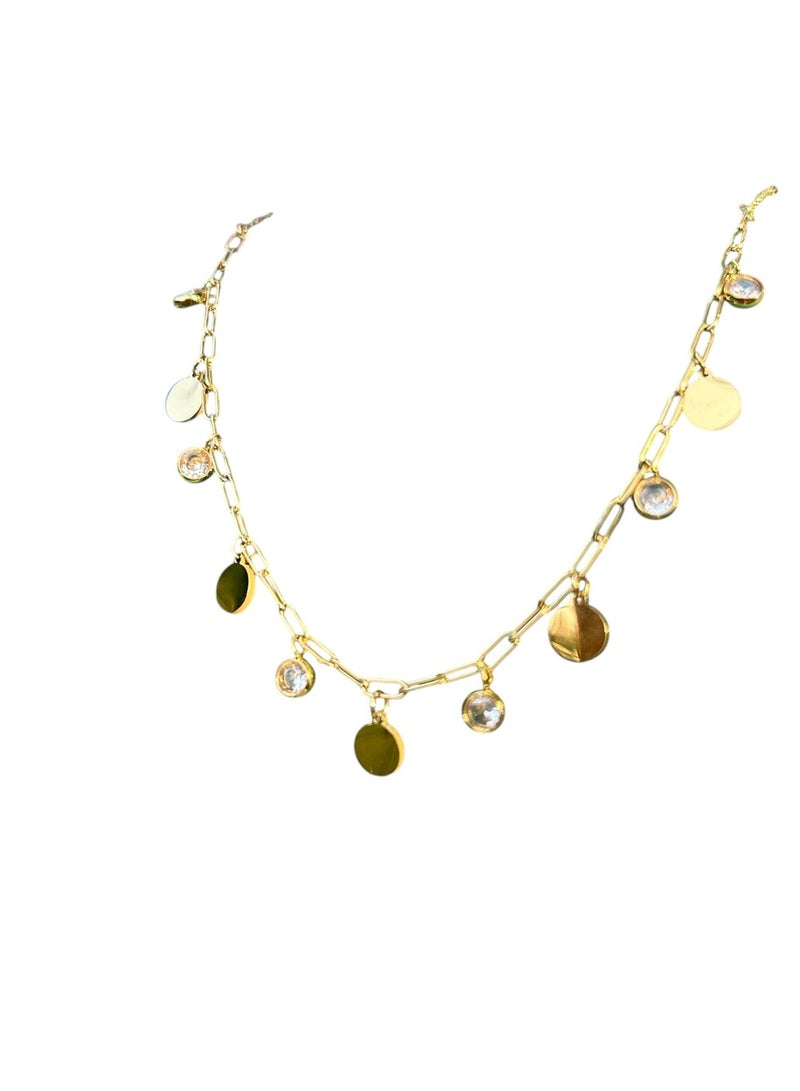 Luxuria A charming necklace crafted from gold-plated stainless steel. This design features a delicate pendant in the form of circular disc-shaped charms and clear gemstones, scattered on a modern chain, giving it a look that is both elegant and classic. - Image 1