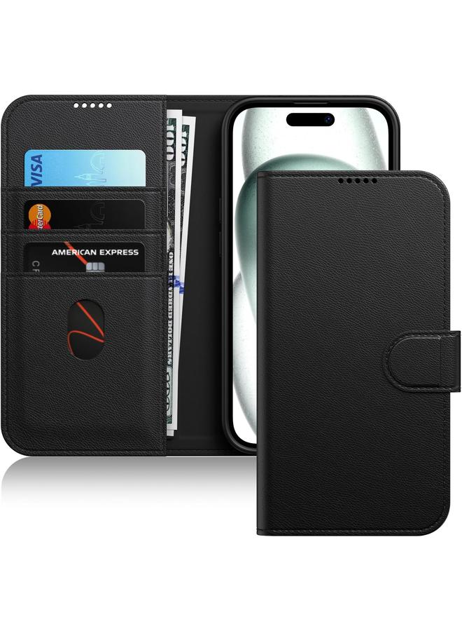 جي تيك حافظة محفظة لهاتف آيفون 15 بلس مقاس 6.7 بوصة مصنوعة من جلد البولي يوريثان المقاوم للصدمات مع حامل للبطاقات وحماية كاملة للكاميرا باللون الأسود - Image 1