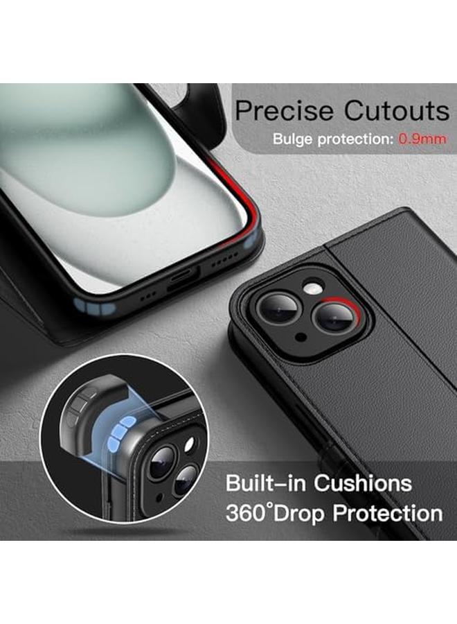 جي تيك حافظة محفظة لهاتف آيفون 15 بلس مقاس 6.7 بوصة مصنوعة من جلد البولي يوريثان المقاوم للصدمات مع حامل للبطاقات وحماية كاملة للكاميرا باللون الأسود - Image 5