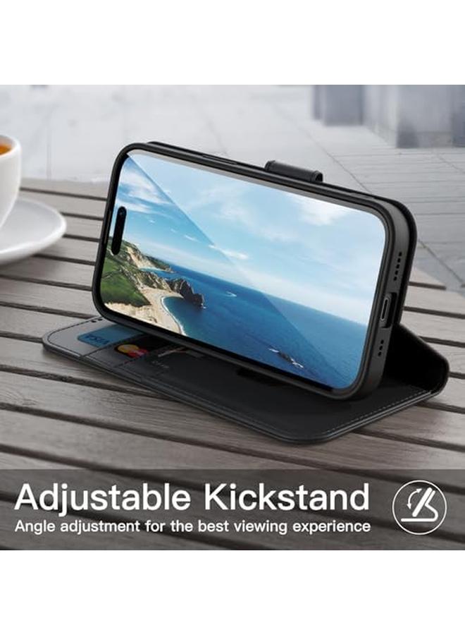 جي تيك حافظة محفظة لهاتف آيفون 15 بلس مقاس 6.7 بوصة مصنوعة من جلد البولي يوريثان المقاوم للصدمات مع حامل للبطاقات وحماية كاملة للكاميرا باللون الأسود - Image 4