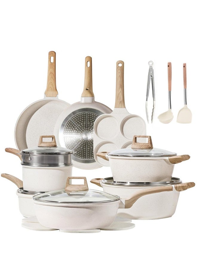 WALALLA 21-Piece Nonstick Cookware Set - White Granite Induction Compatible Pots & Pans | PFOS & PFOA Free Kitchen Set with Frying Pans, Saucepans & Lids (Dishwasher Safe) - Image 1
