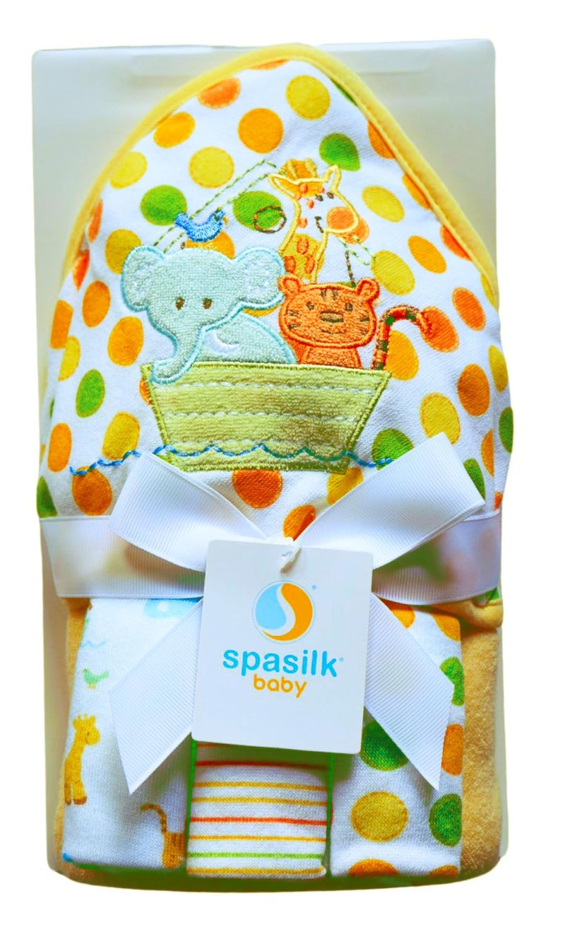 Spasilk Hooded Bath Towel and Washcloths Set for Newborns, 1 Soft Terry Baby Towel and 3 Baby Washcloths, Baby Essentials, Ideal, One Size, Yellow Ark - Image 1