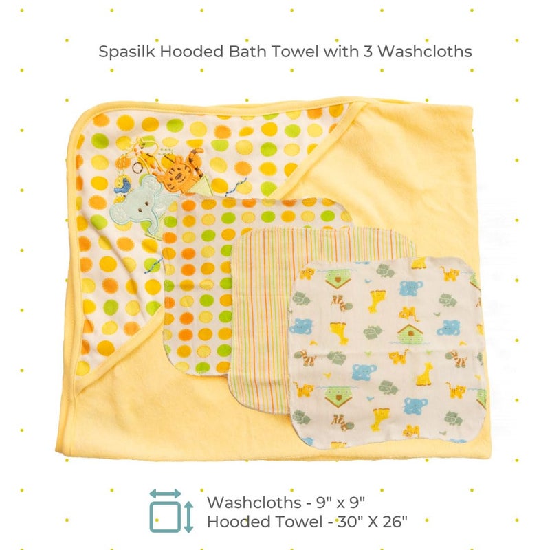 Spasilk Hooded Bath Towel and Washcloths Set for Newborns, 1 Soft Terry Baby Towel and 3 Baby Washcloths, Baby Essentials, Ideal, One Size, Yellow Ark - Image 2
