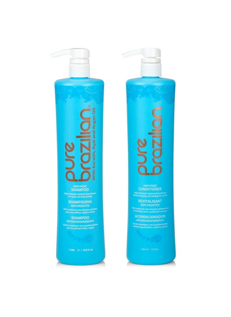 Pure Brazilian - Pure Brazilian Anti-Frizz Daily Shampoo & Conditioner, Salt-Free & Color Safe, Enriched with Keratin, Argan Oil & Acai, 1 Liter (33.8 Fl Oz) - Image 1