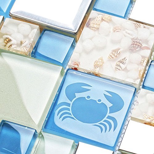Blujellyfish Blue Sea Glass Tile Backsplash Beach Style Mosaic Tiles Real Seashell Inside (Pack of 5 Sheets) - Image 3