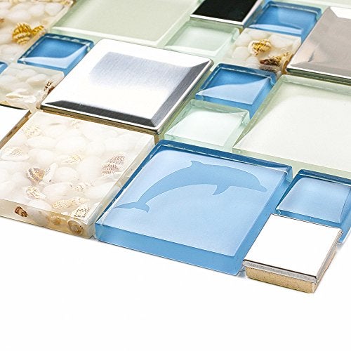 Blujellyfish Blue Sea Glass Tile Backsplash Beach Style Mosaic Tiles Real Seashell Inside (Pack of 5 Sheets) - Image 4