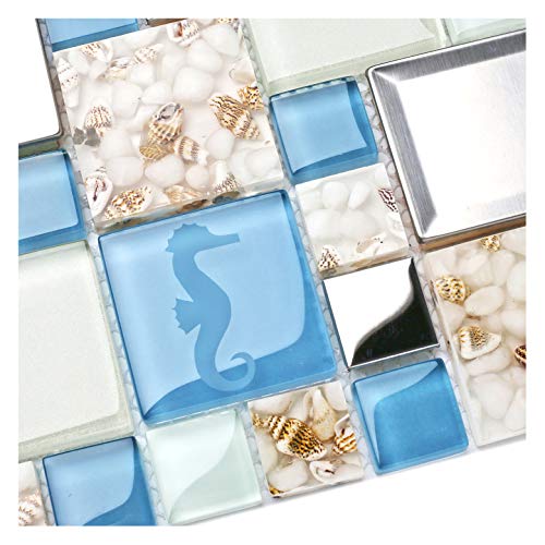Blujellyfish Blue Sea Glass Tile Backsplash Beach Style Mosaic Tiles Real Seashell Inside (Pack of 5 Sheets) - Image 2