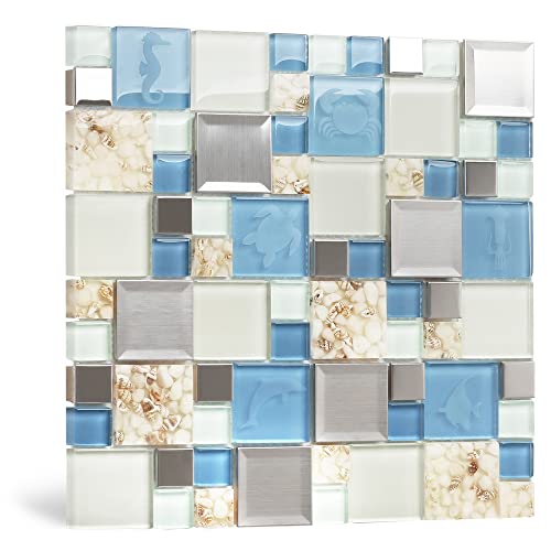 Blujellyfish Blue Sea Glass Tile Backsplash Beach Style Mosaic Tiles Real Seashell Inside (Pack of 5 Sheets) - Image 1