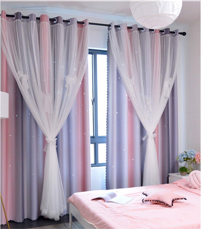 Yancorp Curtains for Girls Bedroom Kids Room Curtain Colorful Window Nursery Curtain 84 inches Length Room Darkening Grommet 2 Layers (Pink Grey, W52 X L84) - Image 1