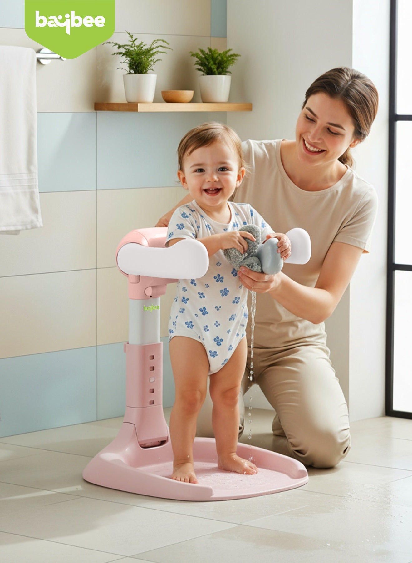BAYBEE Foldable Baby Shower Stand with Huggable Bath Support, 5 level Adjustable Height, Anti Slip Base Portable Bath Helper for Infants & Toddlers Baby Bath Stand for Toddlers Baby Shower Stand Pink