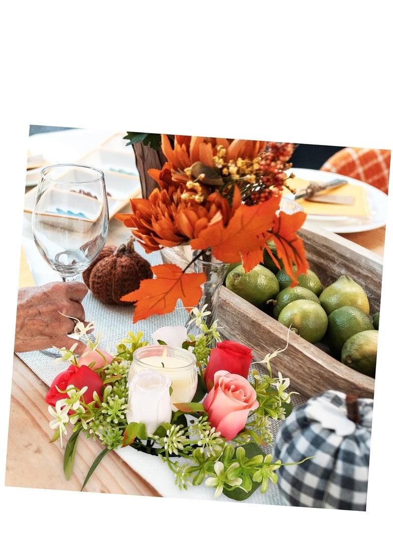 Candle Decoration Garland Wedding Candle Wreath Spring Wreath Ring Candle Stick Wreaths Fake Roses Candle Ring Artificial Floral Wreath Green Candles Mini Silk Flower Scented Tea