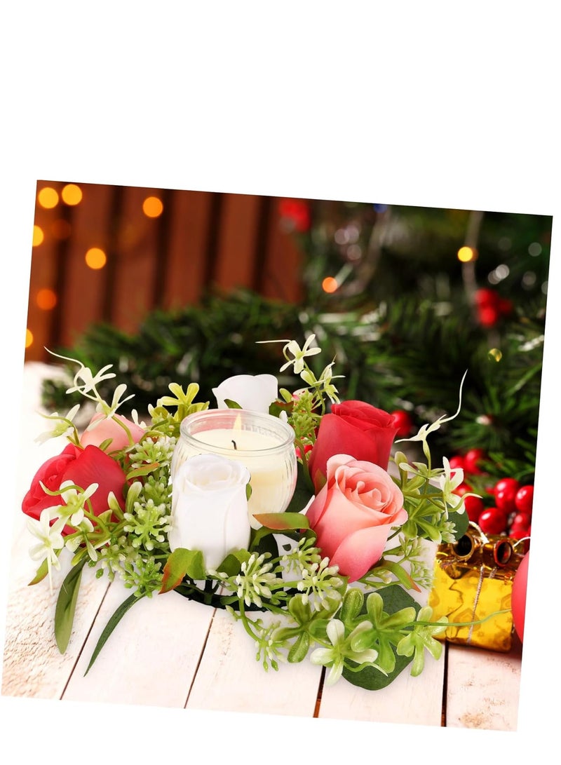 Candle Decoration Garland Wedding Candle Wreath Spring Wreath Ring Candle Stick Wreaths Fake Roses Candle Ring Artificial Floral Wreath Green Candles Mini Silk Flower Scented Tea