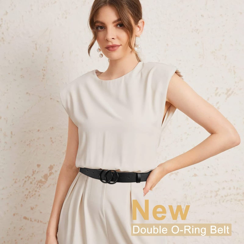 SUOSDEY Women Leather Belt Fashion Double O-Ring Soft Faux Leather Waist Belts For Jeans Dress - Image 3