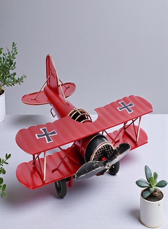 ascension Vintage Red Biplane Metal Model - Retro WWI Fighter Aircraft Showpiece for Home, Office, Study Table, Desk, Decoration Accessories Retro Airplane Model Perfect for Decor & Kids Gifts Item - Image 1