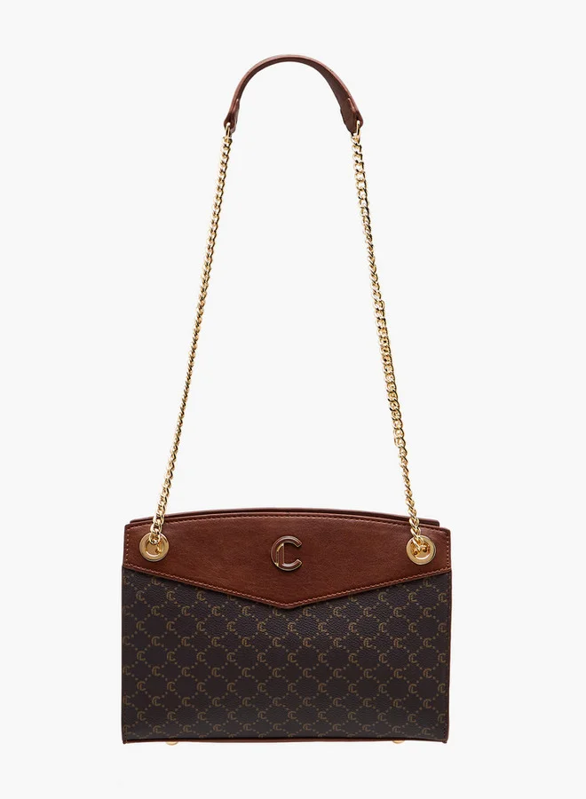 Le Confort Monogram Print Shoulder Bag with Chain Strap and Zip Closure