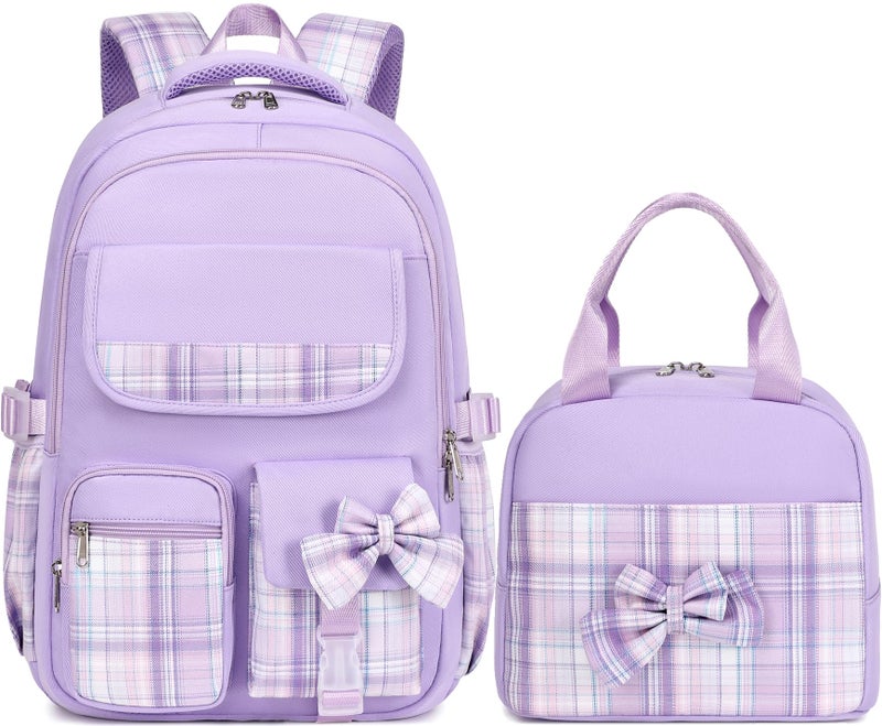 JIANYA Girls Backpack for School Kids Backpack with Lunch Box Elementary School Backpack for Girls BowPurple - Image 2
