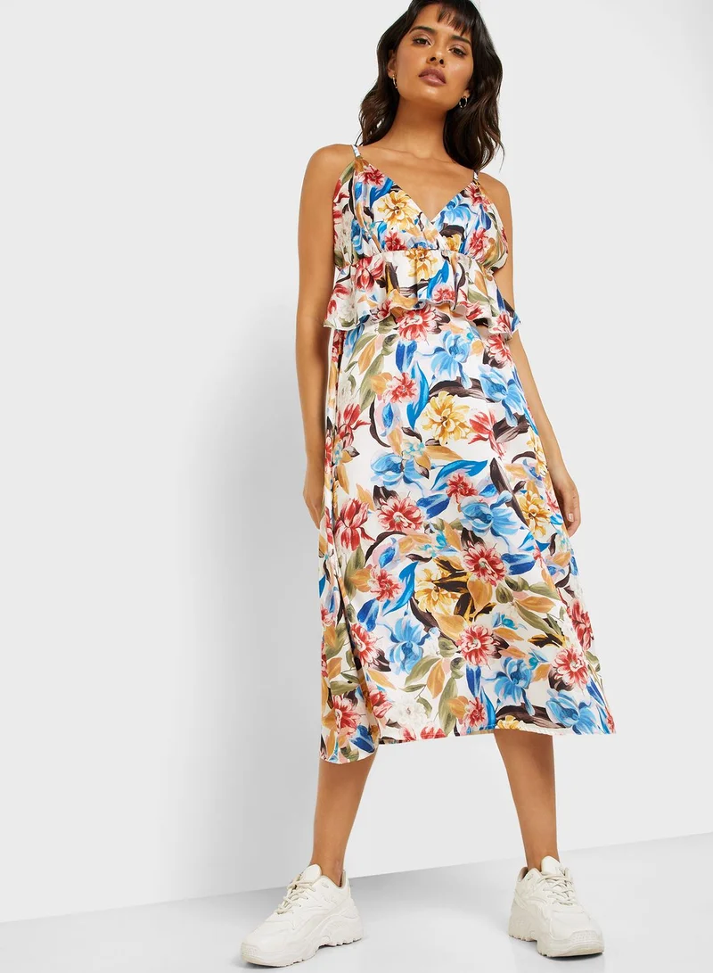 Ginger Floral Print Ruffle Waist Midi Dress
