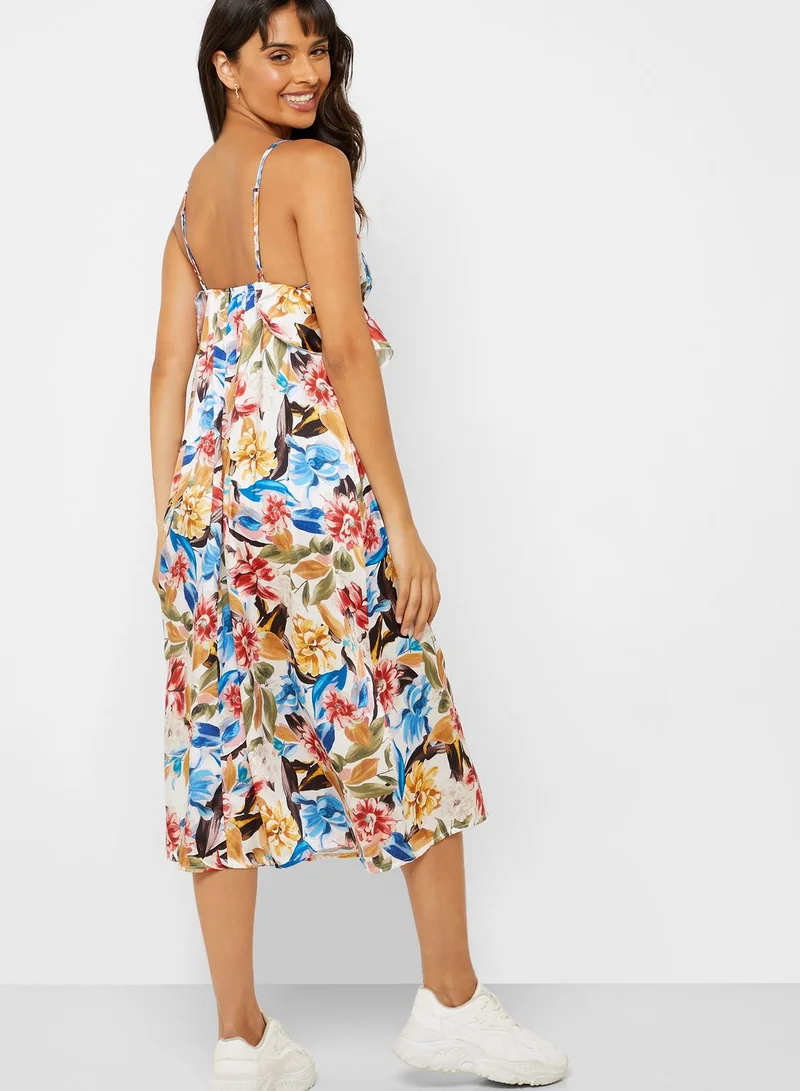 Ginger Floral Print Ruffle Waist Midi Dress