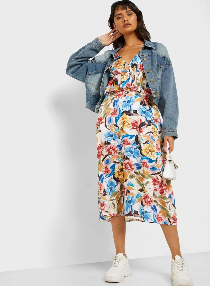 Ginger Floral Print Ruffle Waist Midi Dress