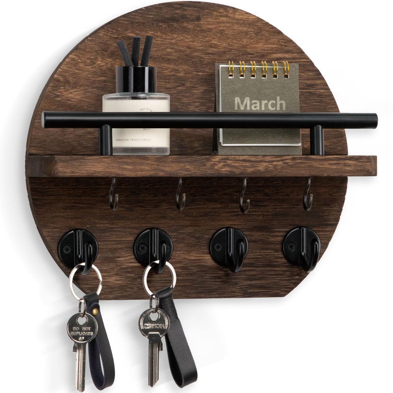 Nekon Key Holder For Wall - 9.8 Inch Apartment Wall Decor With Shelf And 8 Key Hooks  Circular Wood Key Hanger For Home Decor (Brown) - Image 1