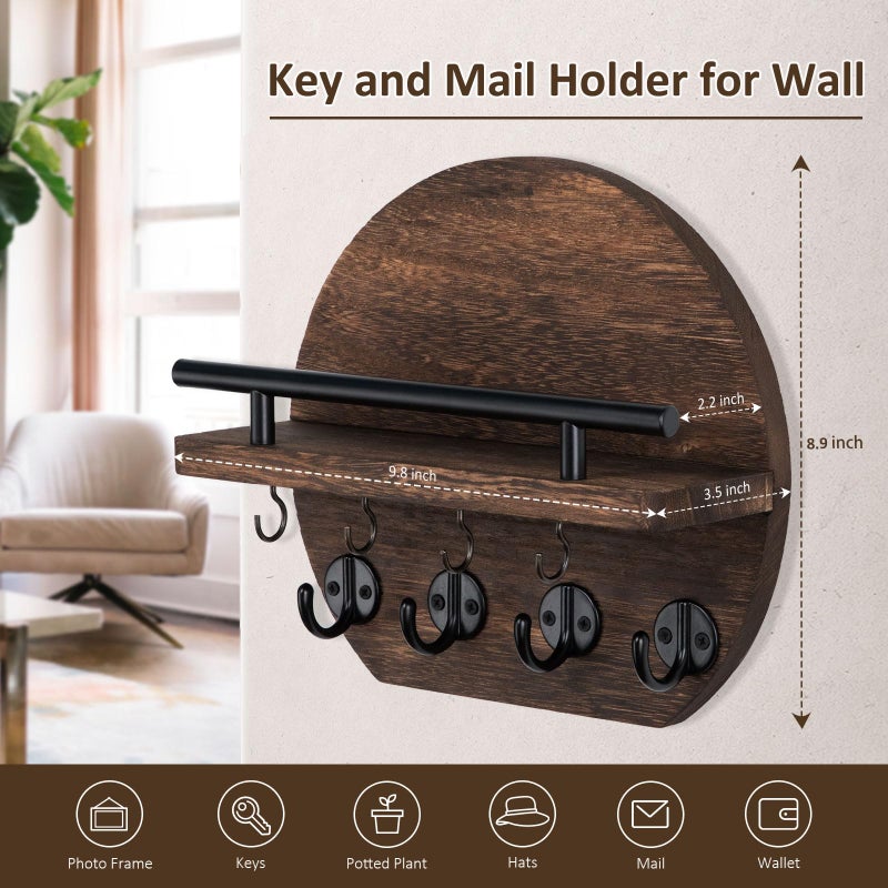 Nekon Key Holder For Wall - 9.8 Inch Apartment Wall Decor With Shelf And 8 Key Hooks  Circular Wood Key Hanger For Home Decor (Brown) - Image 3