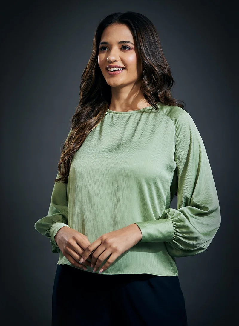 Zigzag Long Sleeve Round Neck Top-Light Green