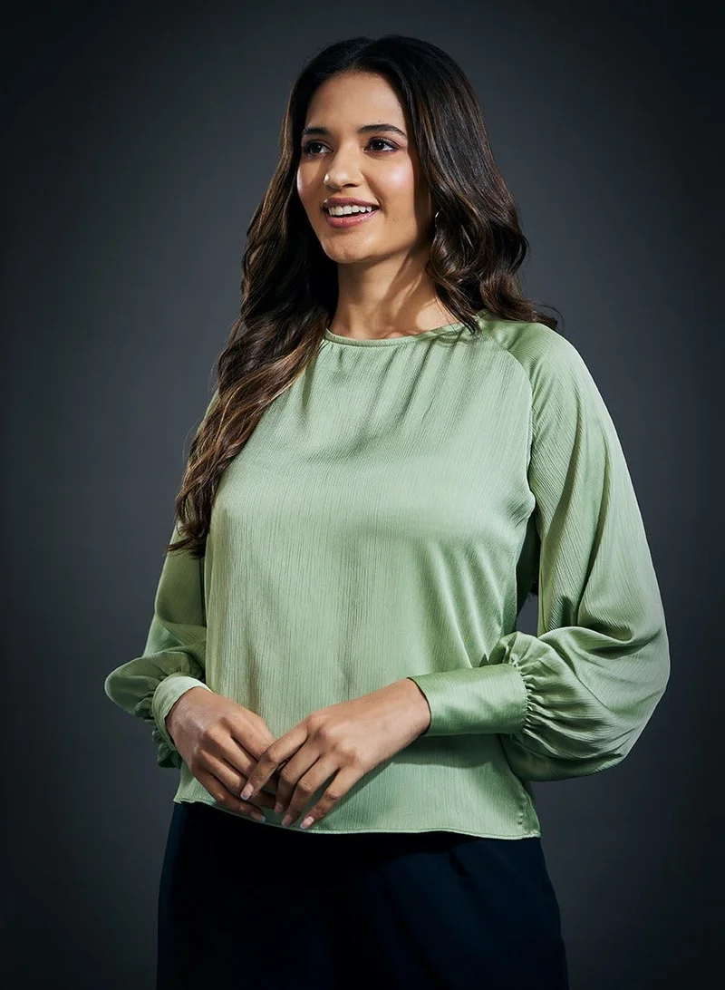 Zigzag Long Sleeve Round Neck Top-Light Green