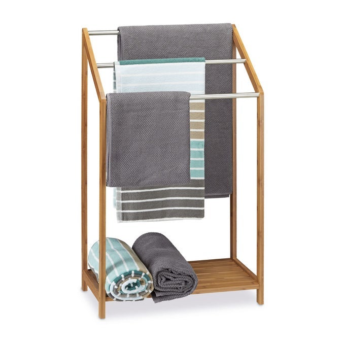 BAMBOO TOWEL HOLDER 3 TOWEL RAILS FREESTANDING SHELF MODERN SIZE CA 85 X 51 X 31 CM NATURAL BROWN