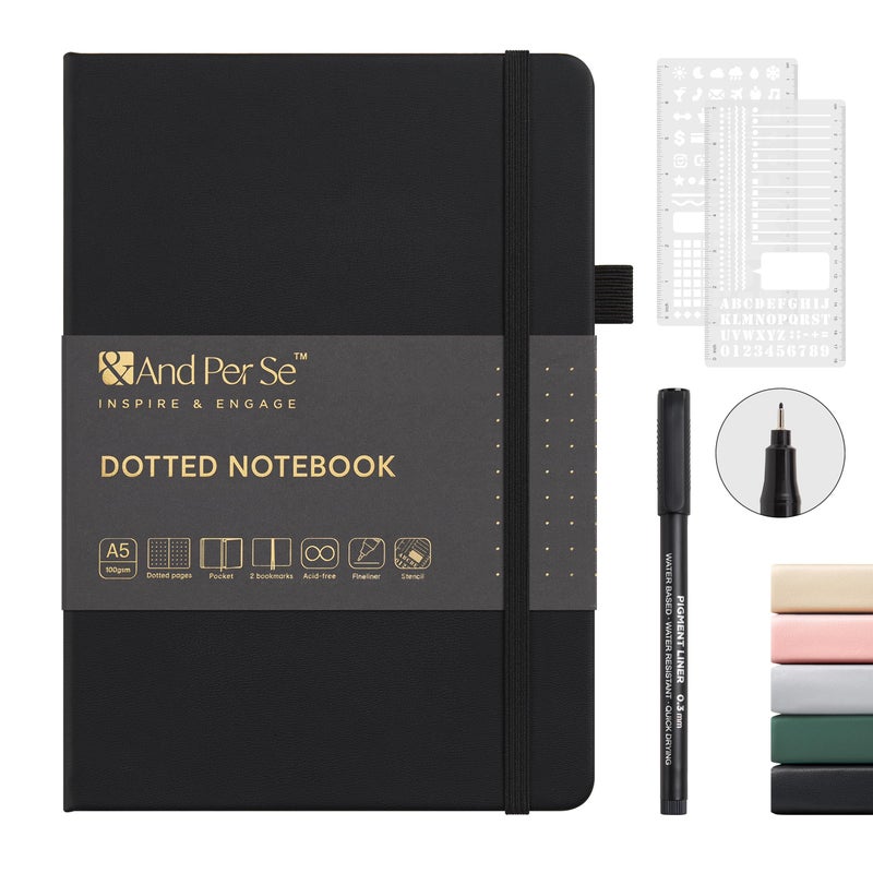 &And Per Se ⩓ Per Se Dotted Journal Kit, 176 Numbered Pages, A5 Leather Hardcover Dotted Notebook with Stencils & Fineliner Pen (Black) - Image 1
