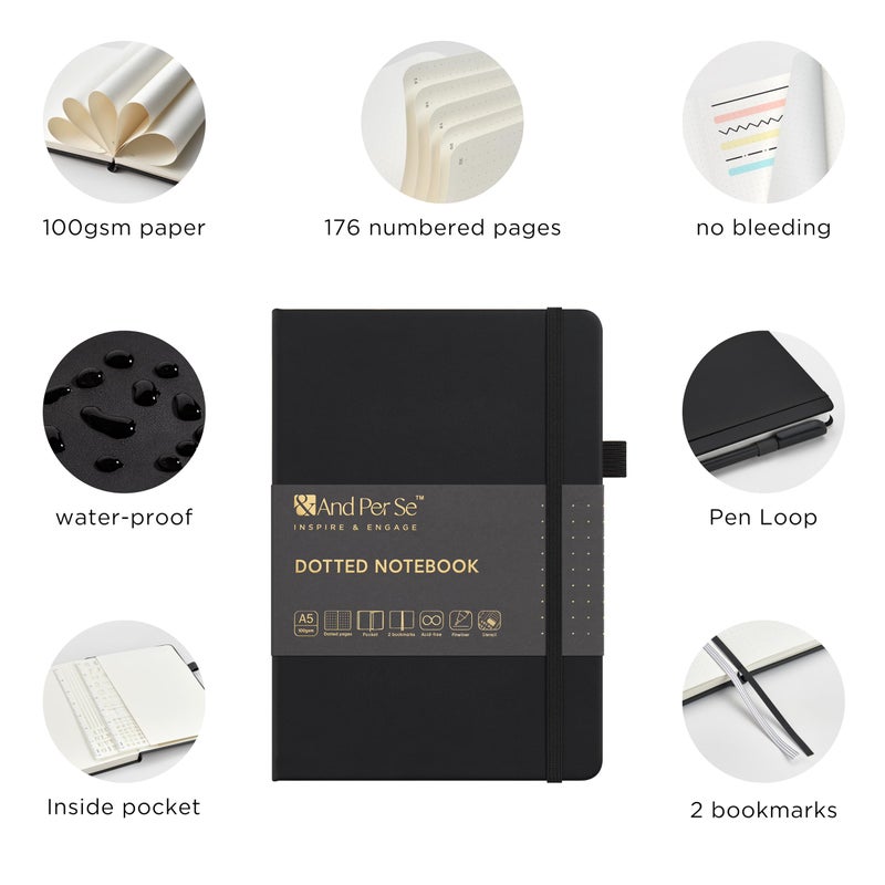 &And Per Se ⩓ Per Se Dotted Journal Kit, 176 Numbered Pages, A5 Leather Hardcover Dotted Notebook with Stencils & Fineliner Pen (Black) - Image 3