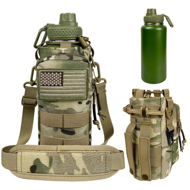 AIKOTOO 32 oz Water Bottle with Sleeve - Military Green Stainless Steel Metal Insulated Water Jug, Sports Bottle for Gym Hiking Camping Camo Pouch - Image 1