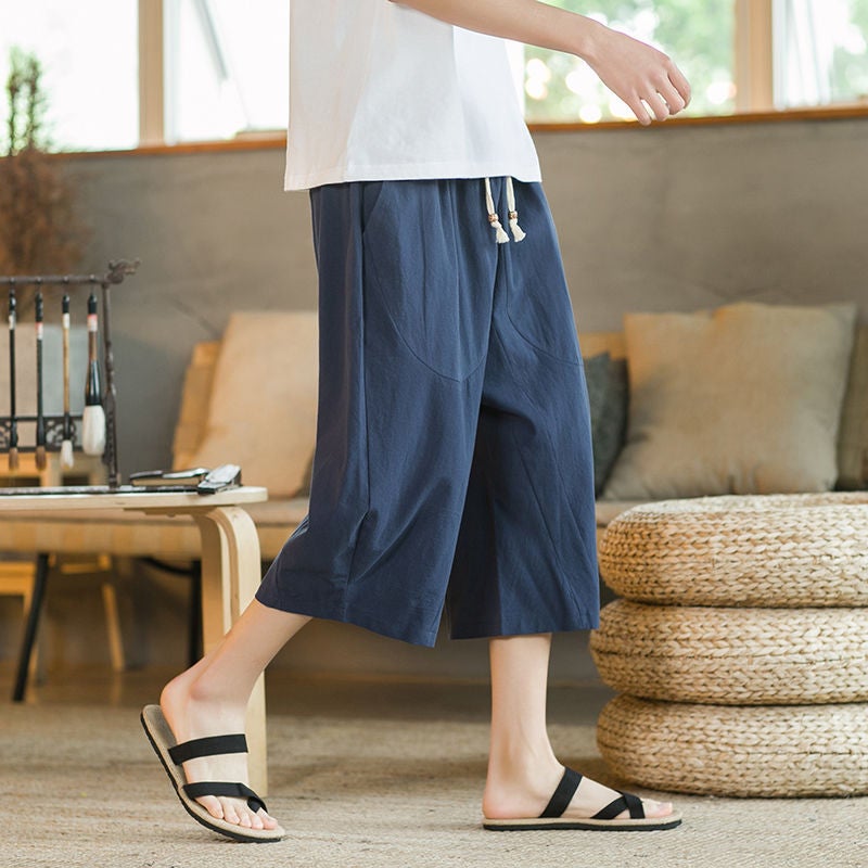 Summer Linen Casual Pants Loose Fit Large Size K013 navy blue 